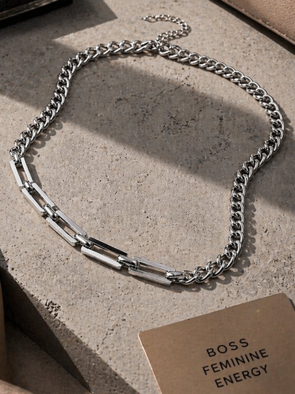 Cuban Chain Necklace 18K White Gold Plated Stainless Steel Geometric Link